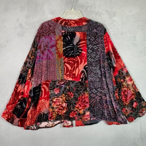 Laura Ashley Jacket Womans 2X Patchwork Velvet Burnout Silk Blend Kimono Boho - Picture 2 of 7